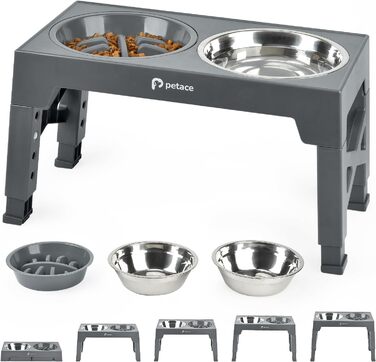 Elevated Dog Bowls Set - Stainless Steel & No-Drip Design - Adjustable Height, 2x 1.2L & 0.8L - Grey