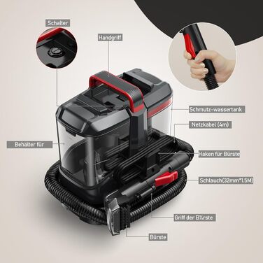 Портативний мийний пилосос для м'яких меблів та килимів з насадкою для видалення шерсті тварин, чорний