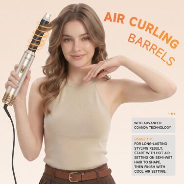 Мультистайлер для волосся 6 в 1 UKLISS Air Styler Set: фен-щітка, диффузор, плойка та вирівнювач, 1000 Вт, LCD-дисплей, Срібно-золотий