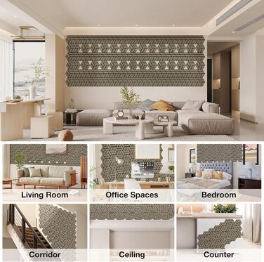 Акустичні настінні панелі JAMELO з шпоном горіха, самоклейні 3D гексагональні панелі для стін та стелі, 30x15x1.2 см, 10 шт, колір горіх