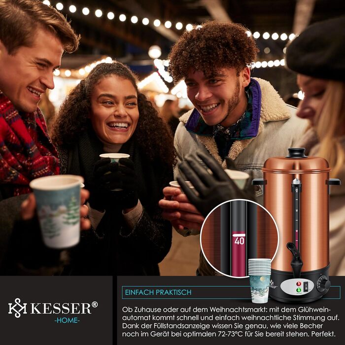 KESSER® Mulled Wine Boiler 8L Stainless Steel Incl. 10x Cups Mulled Wine Cooker with Thermostat Mulled Wine Dispenser Hot Beverage Dispenser Kettle Hot Water Dispenser Canning Device Level Indicator Tap Black (8 Liters / Copper)