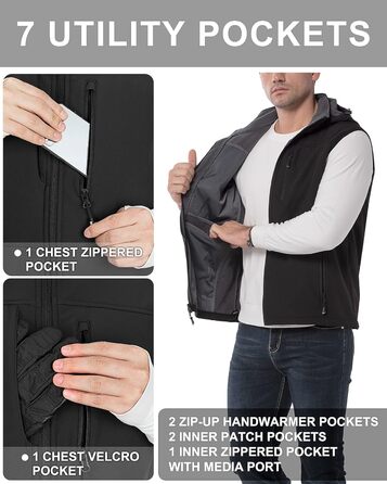 Чоловіча тепла жилетка Softshell з капюшоном, чорна XXL - водонепроникна, без рукавів