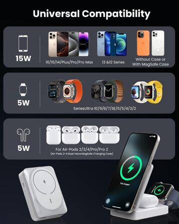 3-в-1 Бездротовий зарядний пристрій: Inductive Qi2, MagSafe, для iPhone 16/15/14/13/12, Apple Watch, AirPods (білий)