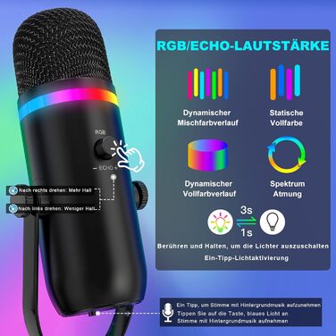 Zealsound Podcast Мікрофон з тримачем - RGB, шумозаглушення, конденсаторний мікрофон для ПК, телефону, TikTok, YouTube (сумісний з iPhone, Mac, Windows)