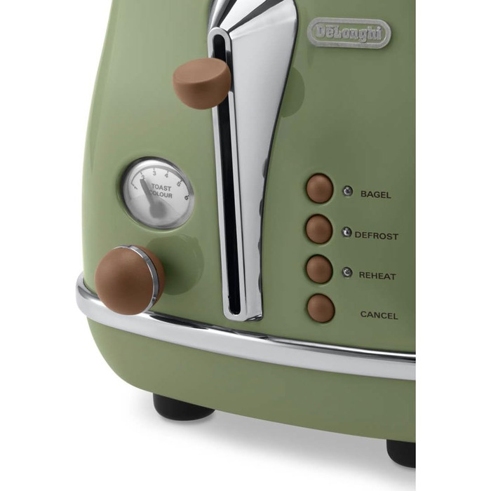 Тостер De'Longhi Icona Vintage CTOV 2103.GR Olive Green – 2 слоти, підставка для булок, 6 рівнів підсмажування, функція підігріву та розморожування, з нержавіючої сталі, ретро-дизайн