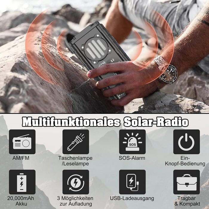 Портативне радіо на сонячній енергії 20000mAh з ручним генератором, AM/FM, LED ліхтарик, SOS-сигнал для надзвичайних ситуацій, Outdoor