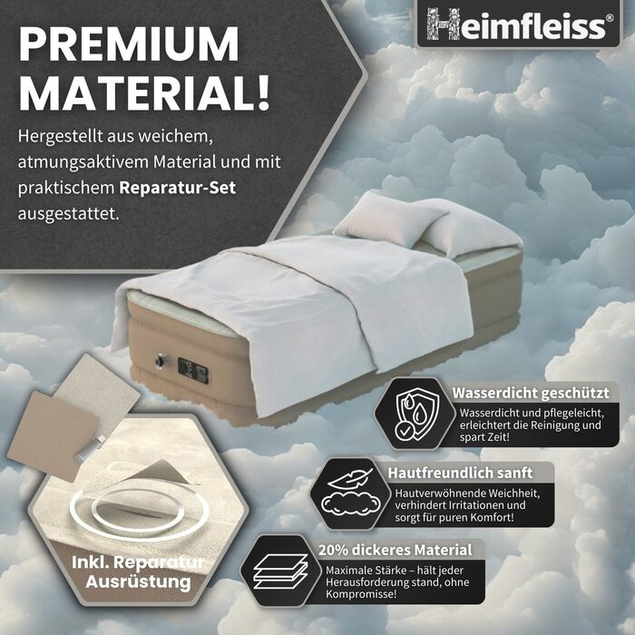 Надувний матрац самонадувний Heimfleiss® 150x200 см | Преміум якість | Швидко надувається | Для гостей та кемпінгу | З насосом (1 особа, бежевий)