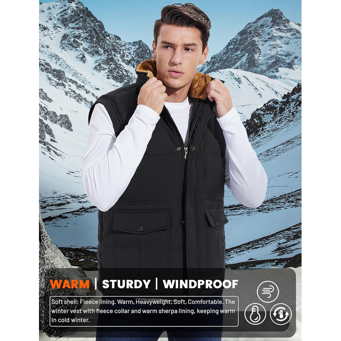 Чоловіча жилетка MAGCOMSEN з підкладкою, зимова, без рукавів, тепла флісова жилетка, для відпочинку, термо, перехідна жилетка з багатьма кишенями, чорна, XL