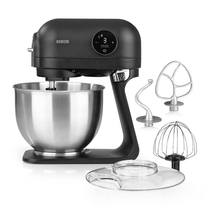 Кухонна машина Midnight Edition, планетарний міксер 1200 Вт, чаша 5 л з нержавіючої сталі, цифровий дисплей, набір насадок (вінчик, гак, міксер) та захисний кожух