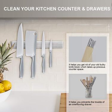 Ninonly Magnetic Knife Strip Magnetic Knife Holder Self-Adhesive 50cm (20inch) Stainless Steel Knife Rail Magnet Without Drilling Magnetic Knife Rail Wall Mount for Kitchen, Office, Workshop