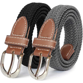 Еластичний жіночий/дівчачий ремінь 2.5 см, плетений, для джинсів та суконь, 2 шт. (Чорний/Сірий) M/91/96 см