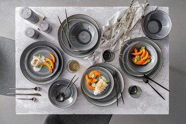 Набір посуду SÄNGER Helsinki 12 предметів: тарілки для їжі, сніданку та супу (4 особи), чорний з сірим акцентом, преміум-якість