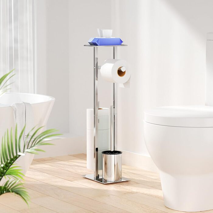Stainless Steel Toilet Paper Holder with Brush & Shelf - Freestanding Toilet Roll Dispenser with Cover & Tray (Silver)