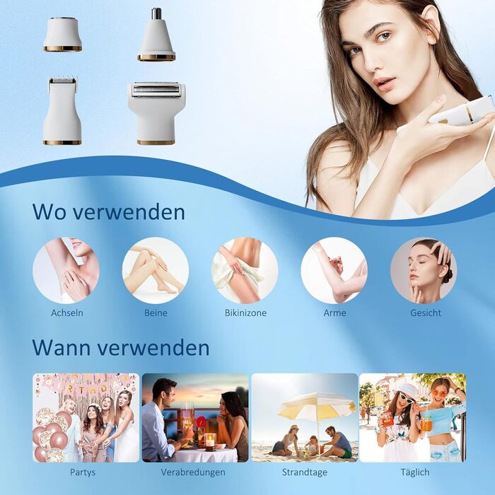 Електричний жіночий тример Jianyana 5-в-1 для тіла та обличчя, водонепроникний IPX7, для ніг, обличчя, пахв, носа та брів. Змінні насадки.