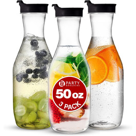 Party Bargains Plastic Carafe with Lid, Transparent, 3 Pack, Black Flip-Top Lid, Premium Quality and Robust Plastic Jug for Iced Tea, Powdered Drink Mix, Cold Brew, Mimosas