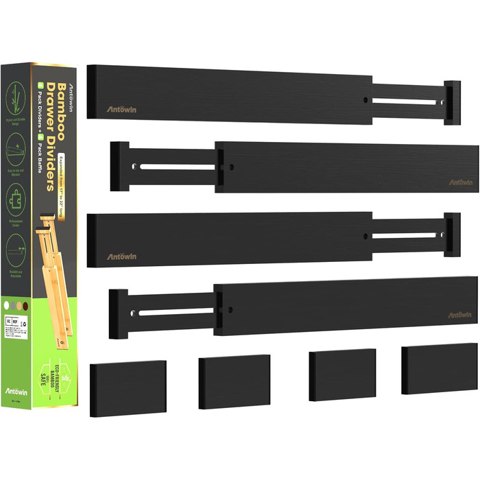 ANTOWIN Adjustable Drawer Dividers Bamboo (43-56 cm), Drawer Organizer, Spring-loaded, Kitchen, Chest of Drawers, Bathroom, Bedroom, Baby Drawer, Desk Organization System (Black)