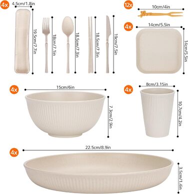 Набір посуду 48 шт. незламний, багаторазовий, пластиковий для кемпінгу, пікніка, барбекю (бежевий)