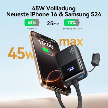 Портативний зарядний акумулятор INIU Power Bank 45W 10000mAh з USB-C кабелем, чорний. Підтримка iPhone, Samsung, MacBook, iPad та інших пристроїв.