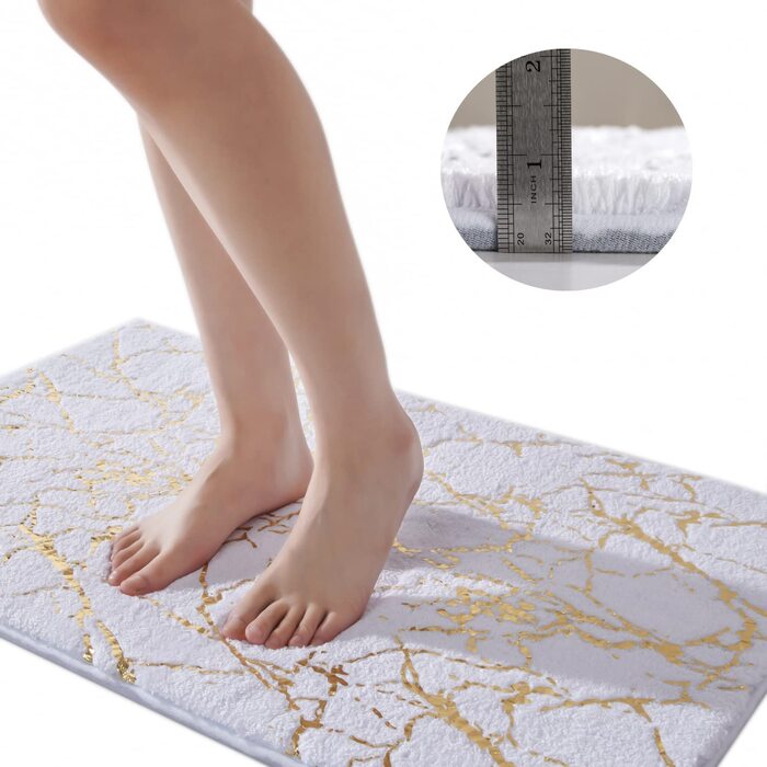 QJHOMO Non-Slip Bath Mat Washable, Bathroom Rug, White Bathroom Carpet, Gold Decorative Rug Luxury Bathroom Accessories, Soft Microfiber Absorbent Bath Rug for Bathroom, Bathtub, 40x60 cm 40 x 60 cm White and Gold