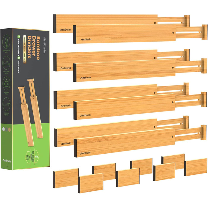 ANTOWIN Adjustable Drawer Dividers Bamboo (43-56 cm), Drawer organizer, spring-loaded, Kitchen, dresser, bathroom, bedroom, baby drawer, desk organization system