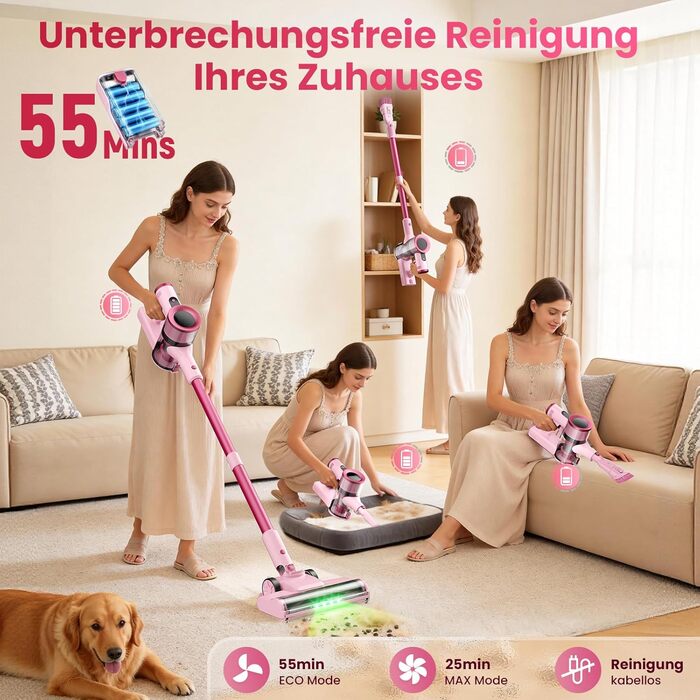 Бездротовий пилосос Dzaki 50000Pa з акумулятором, дисплеєм, функцією паркування та насадкою Anti-Tangle для килимів, твердих поверхонь, шерсті тварин та авто (помаранчево-рожевий)