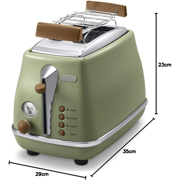 Тостер De'Longhi Icona Vintage CTOV 2103.GR Olive Green – 2 слоти, підставка для булок, 6 рівнів підсмажування, функція підігріву та розморожування, з нержавіючої сталі, ретро-дизайн