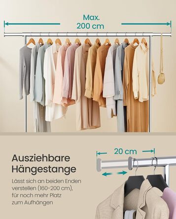 SONGMICS Clothes Rack on Wheels, Coat Rack, Heavy-Duty, Extendable Clothes Rod, Load Capacity up to 110 kg, 45 x (160-200) x 162.9 cm, Metal, Chrome, Silver HSR176E01