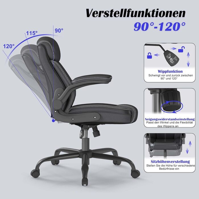 Офісний крісло AnyGod з шкіри, регульовані підлокітники, поворотне, для дому та офісу, до 136 кг, чорне