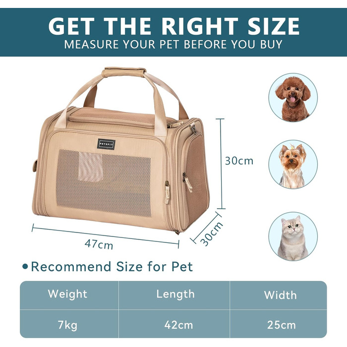 Переносна сумка-переноска для котів та собак Petsfit, розкладний дизайн, з м'яким килимком, 47L x 30B x 30H см (Хакі)