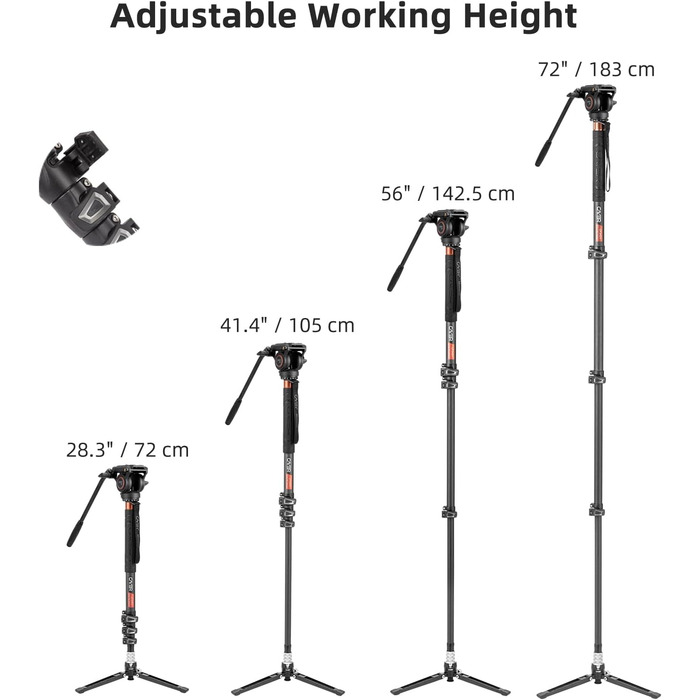 Штатив відео Cayer CF34DV з вуглецевого волокна 71 дюйм, з шарнірним голковим кріпленням та триногим основанням для DSLR-камер та відеокамер, з додатковою ковзною платформою