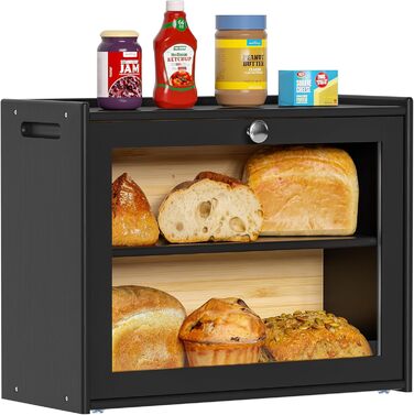 Бротокса Bambus: Бротокса для зберігання хліба з вентиляцією, 2 полиці та велике оглядове вікно, дерев'яний контейнер для хліба, безпечний для харчових продуктів, легкий у догляді, чорний (HX-10336)