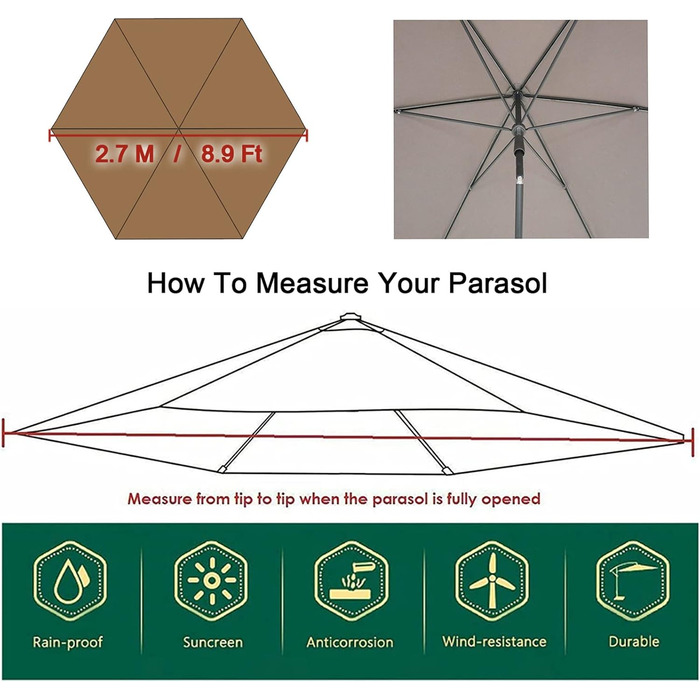 TIUTIU Replacement Canopy Cover for Patio Umbrella – 6 Ribs – 2m/2.7m/3m – Waterproof – UV Protection – Replacement Fabric (2.7m/8.9ft, Beige)
