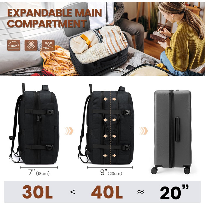 Рюкзак LOVEVOOK 30-40L для подорожей, чорний, з відділенням для ноутбука 17.3 дюйма, антикрадійний, ручна поклажа, розширюваний