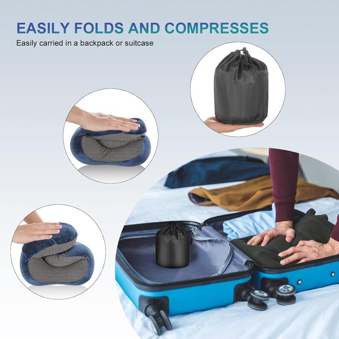 Подушка для шиї Eono з піною Memory Foam, ергономічна, для подорожей, з маскою для сну та навушниками, сумка, темно-синій