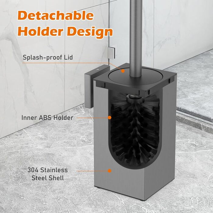 Набір для чищення унітазу з нержавіючої сталі 304, комплект з щіткою та тримачем для стіни, 2 насадки (сірий квадрат)