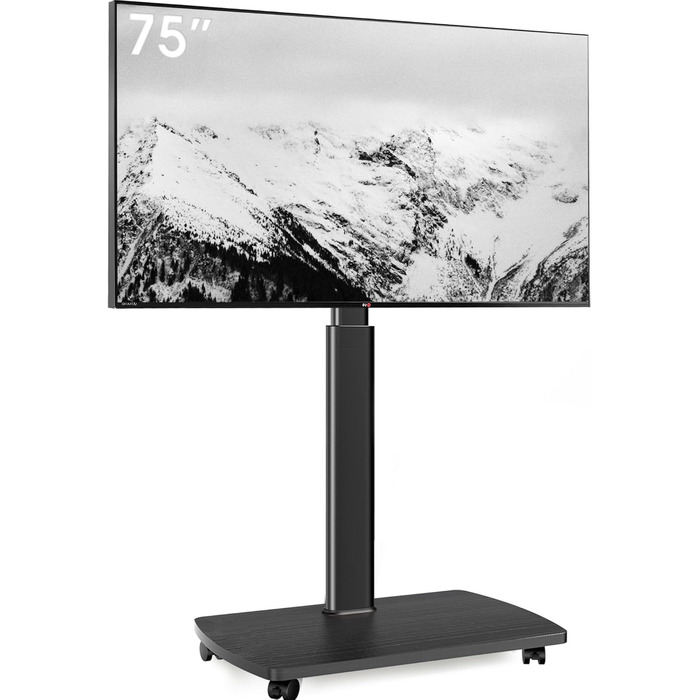 AOKCOS Rolling TV Stand with Shelf - Adjustable Height & Swivel - Fits 43-75 inch TVs (up to 50kg) - VESA 600x400mm - White & Natural Wood Finish
