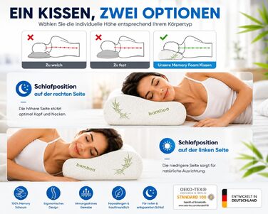 Ортопедична подушка з ефектом пам'яті (Memory Foam) з бамбуковим чохлом, ергономічна підтримка шиї для будь-якої пози сну, біла, 60x40x12/10 см