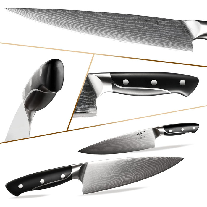 NANFANG BROTHERS 18-Piece Damascus Kitchen Knife Set with Hammered Handles & Wood Block - Premium Sharp Steel Blades