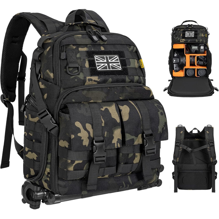 Рюкзак для камери з відділенням для ноутбука 15,6 дюймів - водонепроникний, міцний фоторюкзак для Canon, Nikon, DJI | Знімний вкладиш, кріплення для штатива, чорний камуфляж