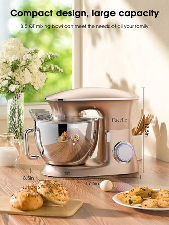Facelle 2000W 8.5L Stand Mixer - Dough & Cake Mixer with Whisk, Dough Hook, Beater & Splash Guard for Baking, Cakes, Cookies, Kneading, 6+ Speed - Champagne Color