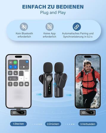 Беспроводной петличный микрофон для iPhone, iPad, Android - миниатюрный клип-микрофон с шумоподавлением, авто-подключением, функцией отключения звука и реверберацией, идеально подходит для видеоблогинга, видеосъемки, TikTok