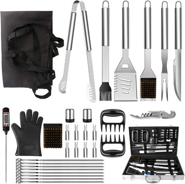 BBQ Grill Utensil Set 32PCS Stainless Steel Grill Accessories with Long Handles, Grill Tongs, Meat Claws, Grill Set Aluminum Grill Case for Camping Ideal Grill Utensil Gift for Men