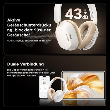 Навушники UGREEN HiTune Max5c Bluetooth Over-Ear з активним шумозаглушенням, Hi-Res Audio, LDAC, 75 годин роботи, Bluetooth 5.4, об'ємний звук, EQ в додатку, Dual Connection (Білий/Чорний)