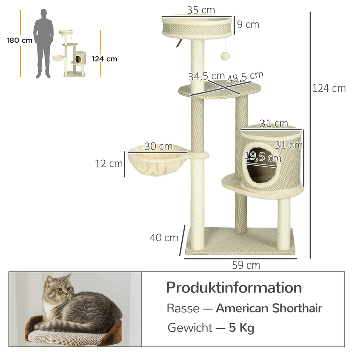 PawHut Драбина для котів на 1-2 котів 124H см Когтедрапалка з 2 лежаками, кошиком, іграшкою-м'ячиком, кімнатний комплекс для котів