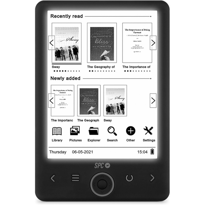 SPC Dickens Light 2 – Електронна книга з підсвічуванням дисплея та 6 рівнями інтенсивності світла, кнопками на передній панелі, місяцем автономної роботи, чорного кольору, 6 дюймів без обкладинки