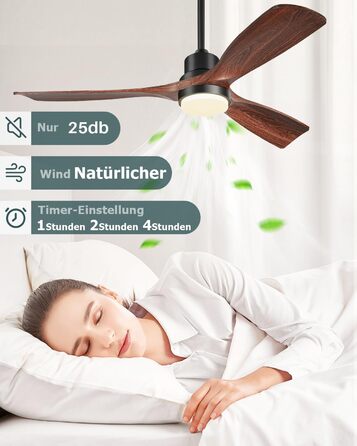 Стеляний вентилятор з підсвічуванням та пультом керування, тихий DC двигун, 132 см, 3 дерев'яних лопаті, таймер, 6 швидкостей, сертифікат ETL, режим літо/зима для спальні, коричневий