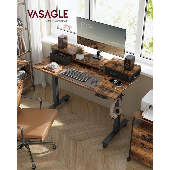 VASAGLE Electric Standing Desk - Adjustable Height, 140x60cm, with Monitor Stand, Power Strip, Hooks, Memory Function - Vintage Brown