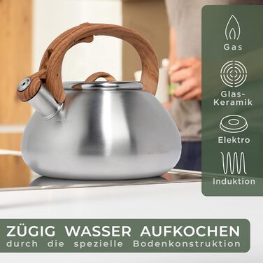 WALDWERK Water Kettle (2.3L) - Water kettle for induction and gas hob - Teapot with wood-look handle - Whistling kettle with whistle, stainless steel & plastic
