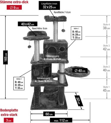 JAMAXX Преміум Дряпка для котів XXL, 165 см, надміцний, 9 товстих стовпів, міцна основа 3 см, супер м'який плюш, PCT6006 темно-сірий (грау-браун)