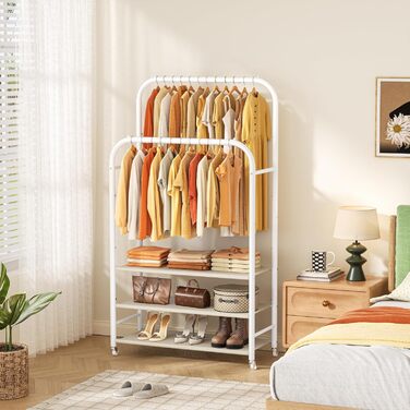 Вішалка для одягу HOMIDEC з 3 полицями, подвійна штанга на колесах, металевий каркас, біла - до 80 кг